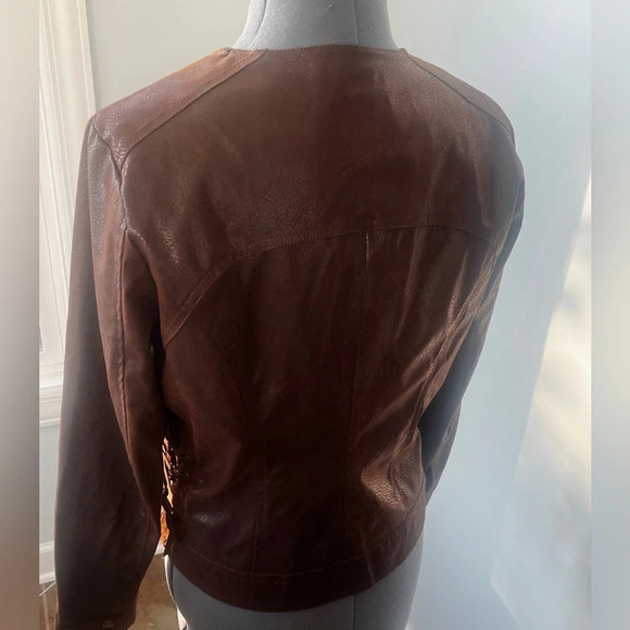 M By Marc Bouwer Sz M Brown Faux Leather Jacket Coat Side Lace up Leopard lining - Picture 8 of 16